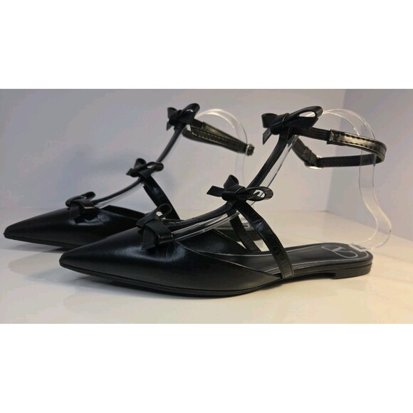 Garavani Valentino EU 37.5 Black Leather Flat Sandals French Bows & Ankle Strap - Picture 9 of 16